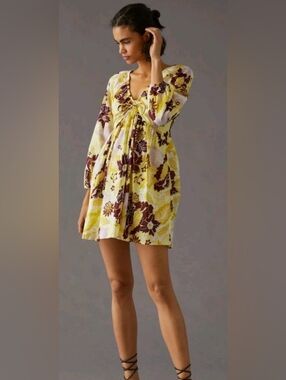 Anthropologie Babydoll Yellow Purple Long Sleeve Mini Cotton Dress XS